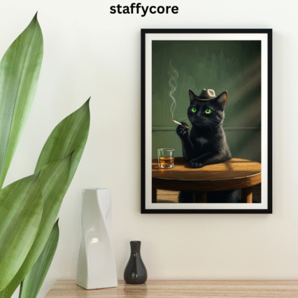 Moody Black Cat Poster – Smoking Cat with Whiskey Dark Humor Wall Art